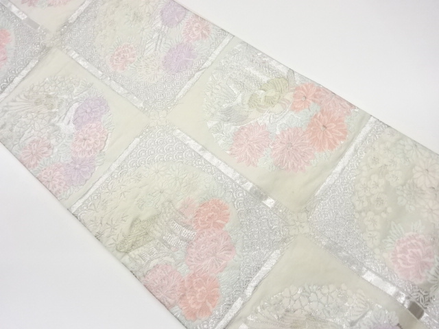 リサイクル　格天井に花々・御所車・鳥模様織出し袋帯